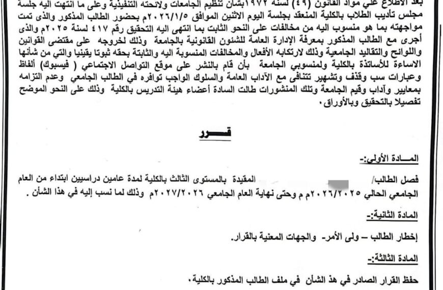 فصل طالب بجامعة المنوفية عامين لسبه أحد أساتذة الجامعة بالفيسبوك
