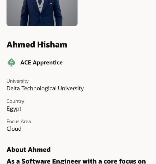 طالب بجامعة الدلتا التكنولوجية يحقق إنجازًا دوليًا وينضم لبرنامج Oracle ACE العالمي