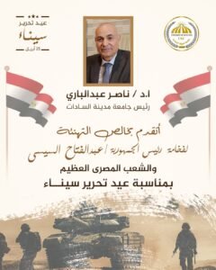 رئيس جامعة مدينة السادات يُهنِّئ الرئيس السيسي والقوات المسلحة بذكرى عيد تحرير سيناء الـ44
